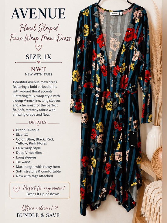 Avenue Dresses & Skirts - Avenue Floral Striped Faux Wrap Maxi Dress Black & Blue 1X NWT